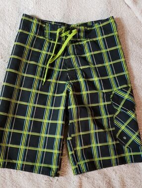 Kids Black Plaid Swim Trunks with Neon Lime Accents